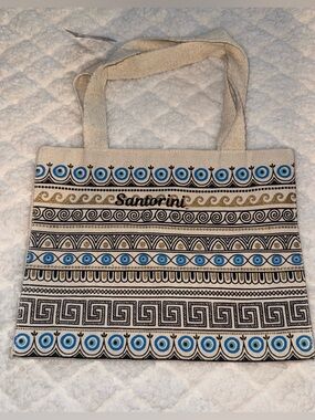 Patterned Canvas Tote in Natural with Blue Accents